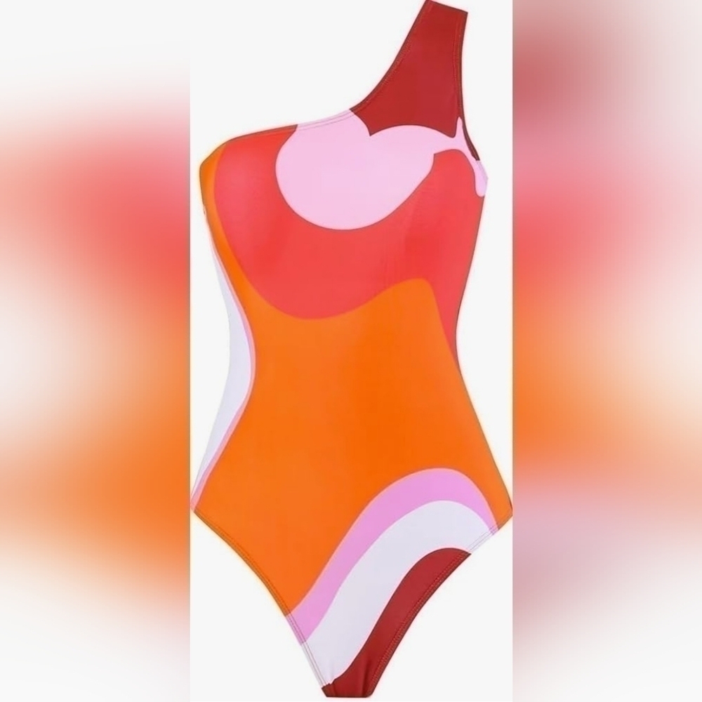 50.🆕Med Retro Multicolor Printed Asymmetrical One Piece Swimsuit